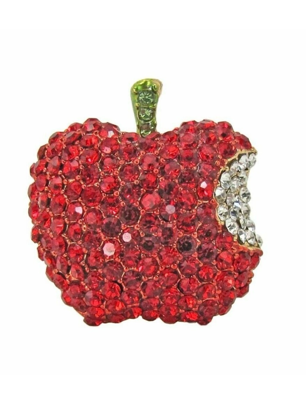 Red Apple brooch pin with sparkling red crystals, clear crystals, gold stem New